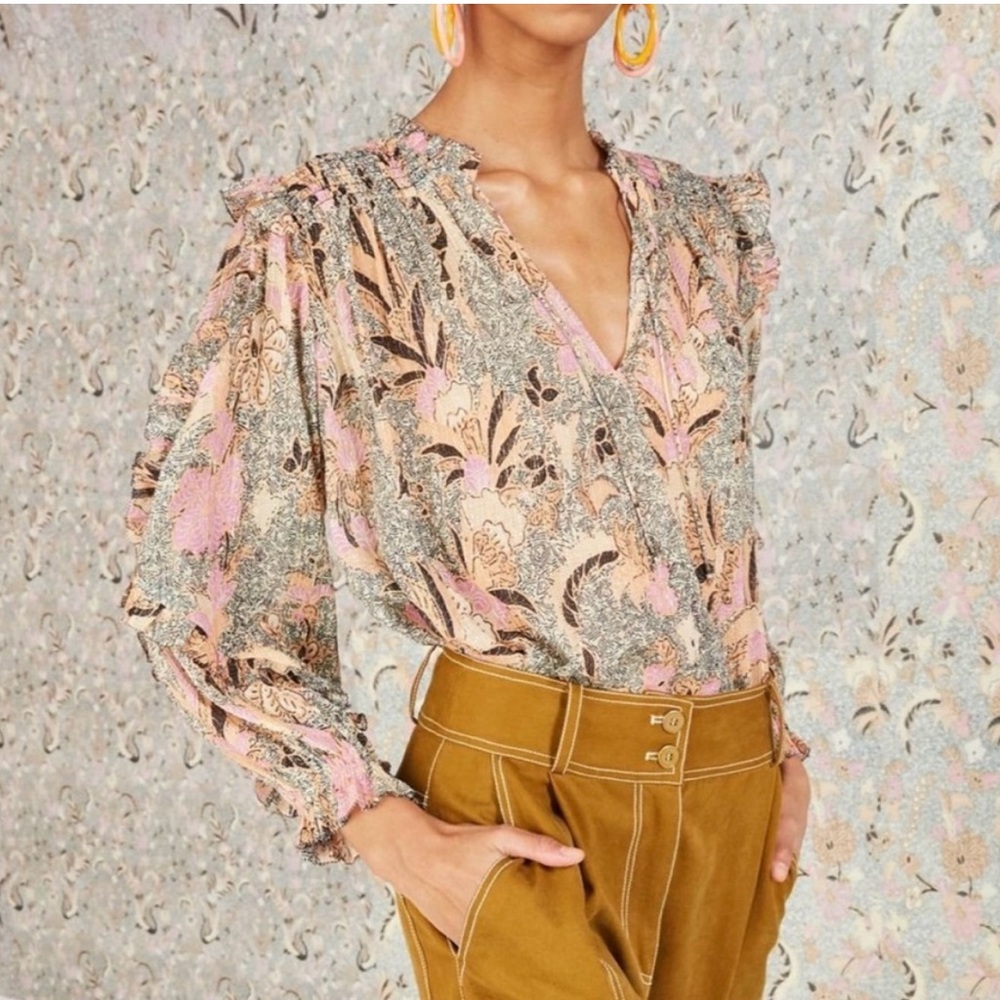 Ulla Johnson Silk Blend Ruffle Floral Lara Blouse Pink Neutral Top Size 4